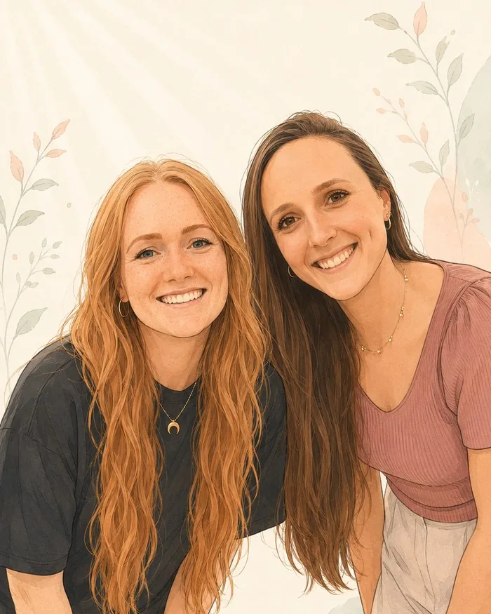 Laura und Justine beugen sich einladend zur Kamera – Comic-Illustration