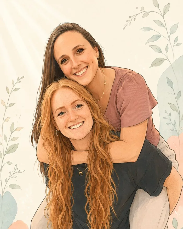 Justine trägt Laura huckepack, beide lachen – Comic-Illustration