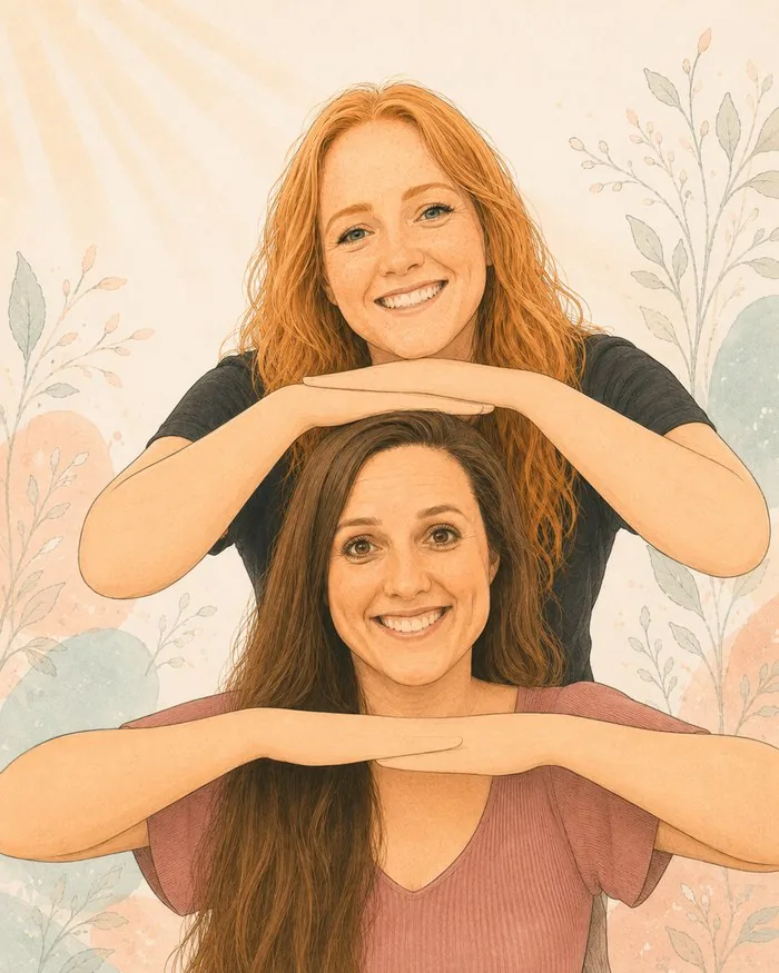 Laura und Justine bilden mit ihren Unterarmen einen Rahmen – Comic-Illustration
