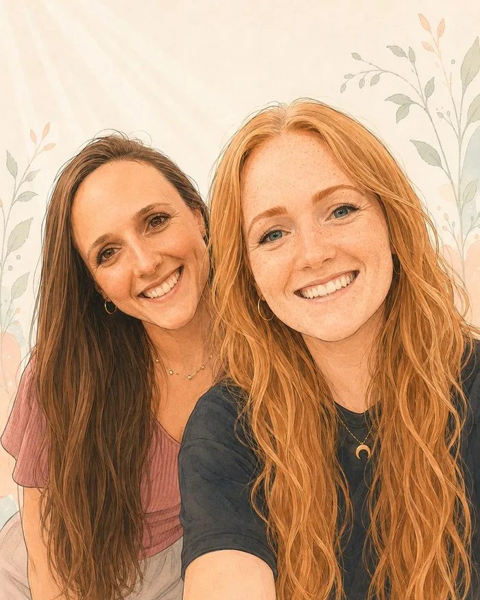 Laura und Justine strahlend auf einem nahen Selfie – Comic-Illustration