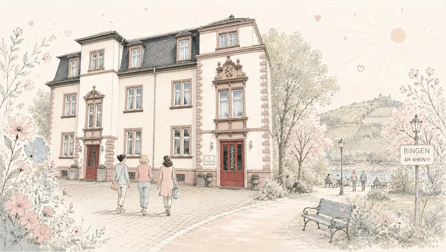 Illustration des Gebäudes, in dem sich die Praxis befindet, mit Parkanlage in Bingen am Rhein