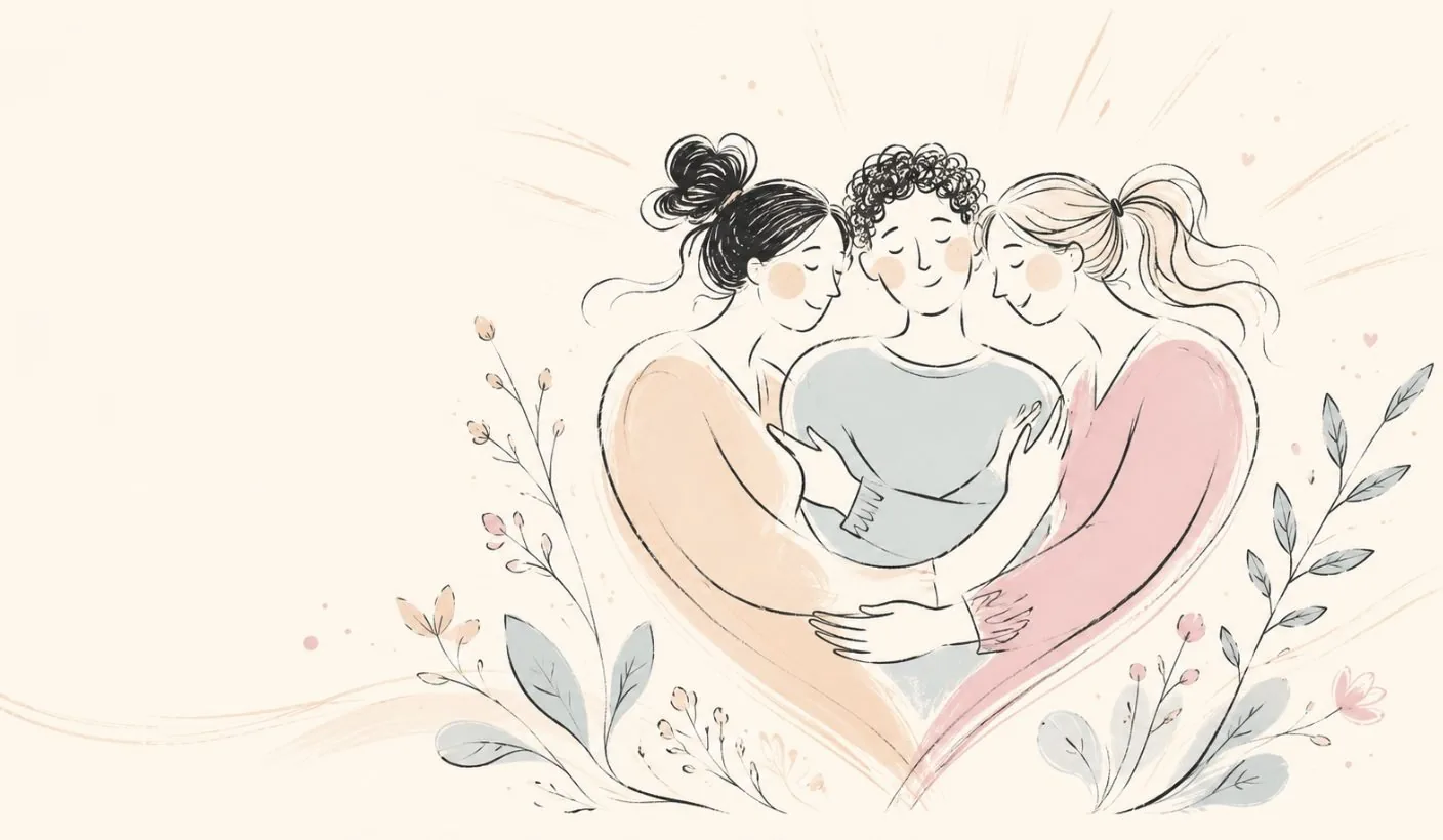 Illustration: drei verwobene Figuren – Therapie als Umarmung
