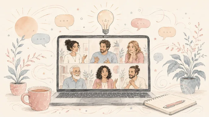 Illustration: Videokonferenz von Therapeut:innen mit Sprechblasen und gemeinsamer Glühbirne