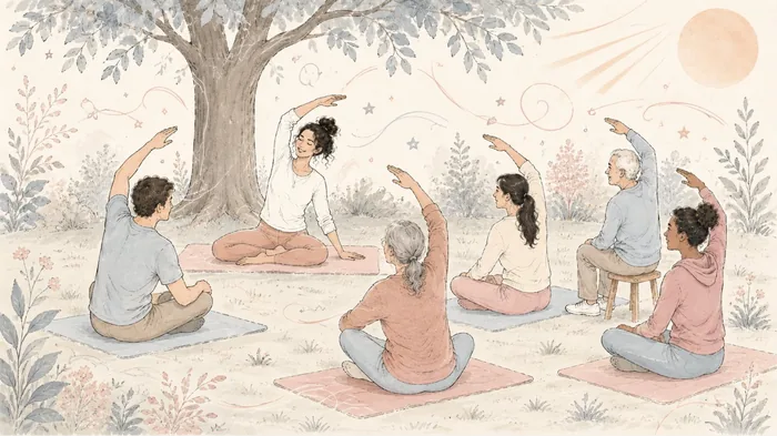 Illustration: Gruppenkurs auf Matten unter einem Baum im Park