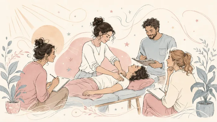 Illustration: Therapeutin zeigt Kolleg:innen einen Handgriff an der Behandlungsliege