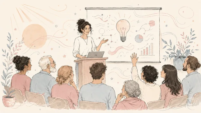 Illustration: Vortrag mit Publikum und Glühbirne