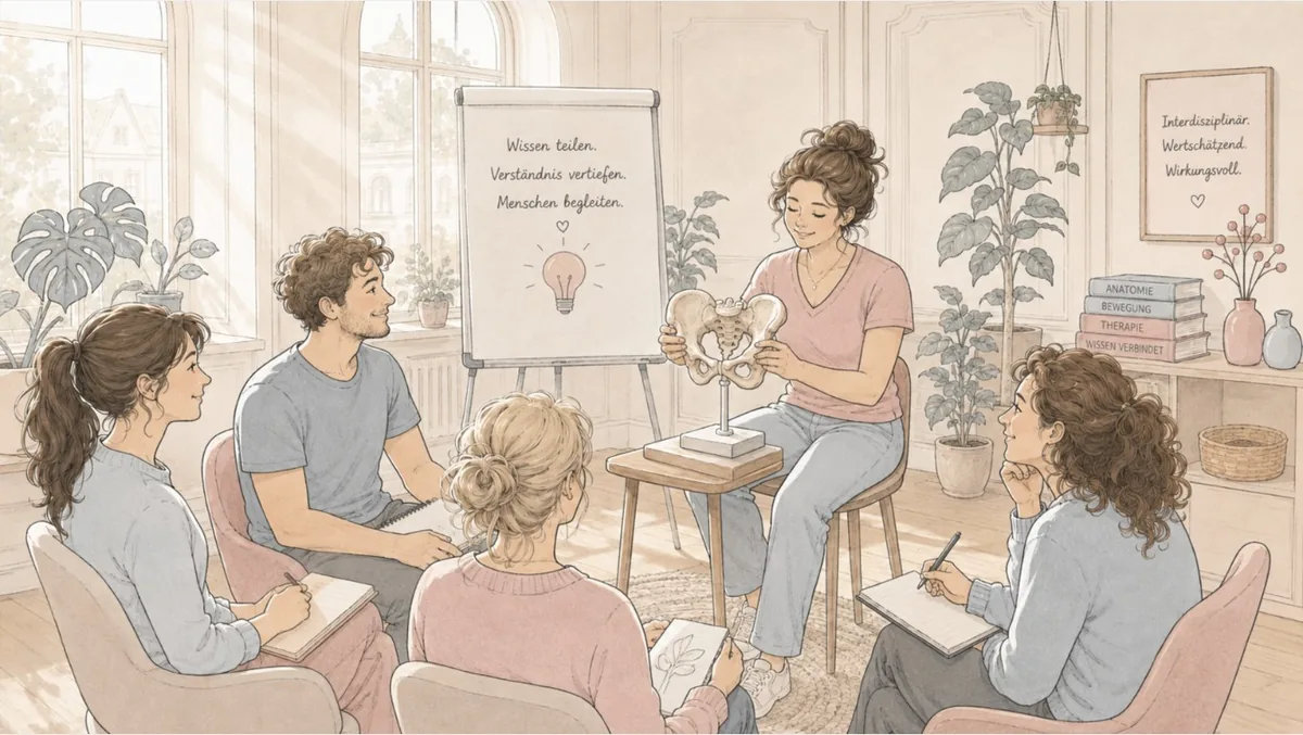 Illustration: Fortbildungsrunde mit Therapeutin am Anatomiemodell