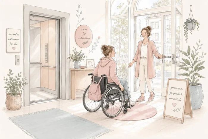 Illustration: Rollstuhlfahrerin am ebenerdigen Praxiseingang mit Aufzug