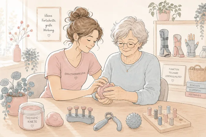 Illustration: Handtherapie mit Therapieknete und Übungsgeräten