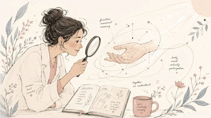 Illustration: Wissenschaftlerin mit Lupe untersucht eine Hand