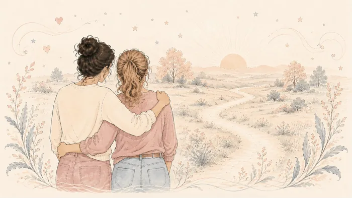 Illustration: Zwei Therapeutinnen Arm in Arm blicken auf die Praxis im Sonnenaufgang