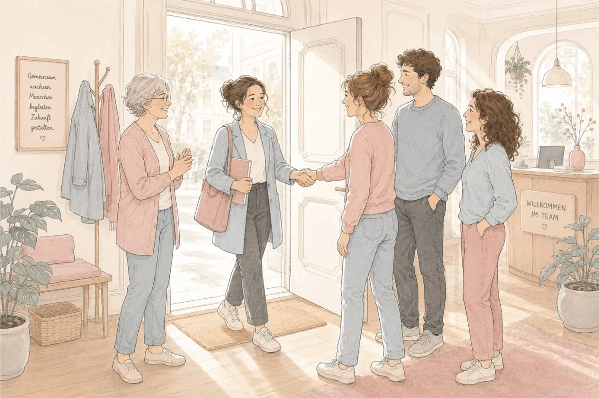 Illustration: Das Team begrüßt eine neue Kollegin an der Praxistür – Willkommen im Team