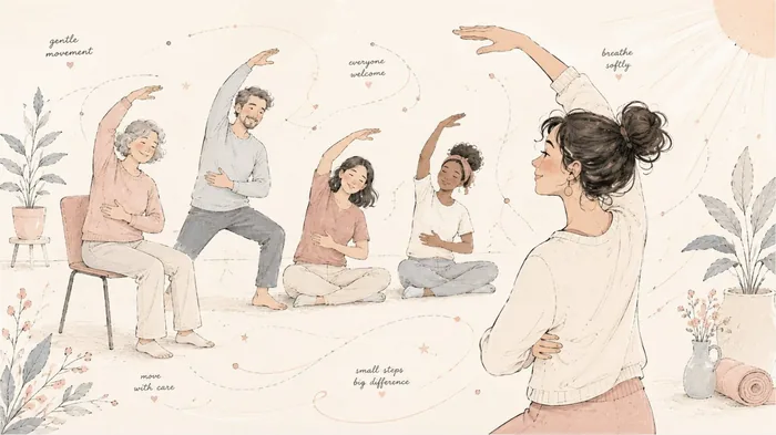 Illustration: Kleine Kursgruppe bei sanften Dehnübungen