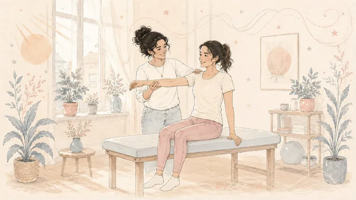 Illustration: Therapeutin begleitet Klientin im hellen Behandlungsraum