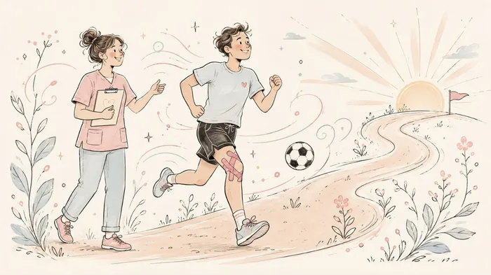 Illustration: Läufer mit Tape am Knie, begleitet von einer Therapeutin
