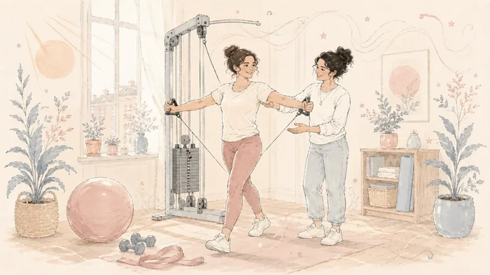 Illustration: Gerätegestütztes Training mit Therapeutin