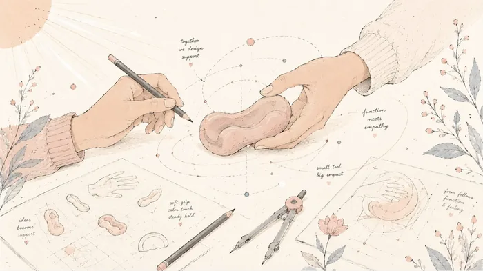 Illustration: Zwei Hände entwerfen gemeinsam ein therapeutisches Hilfsmittel