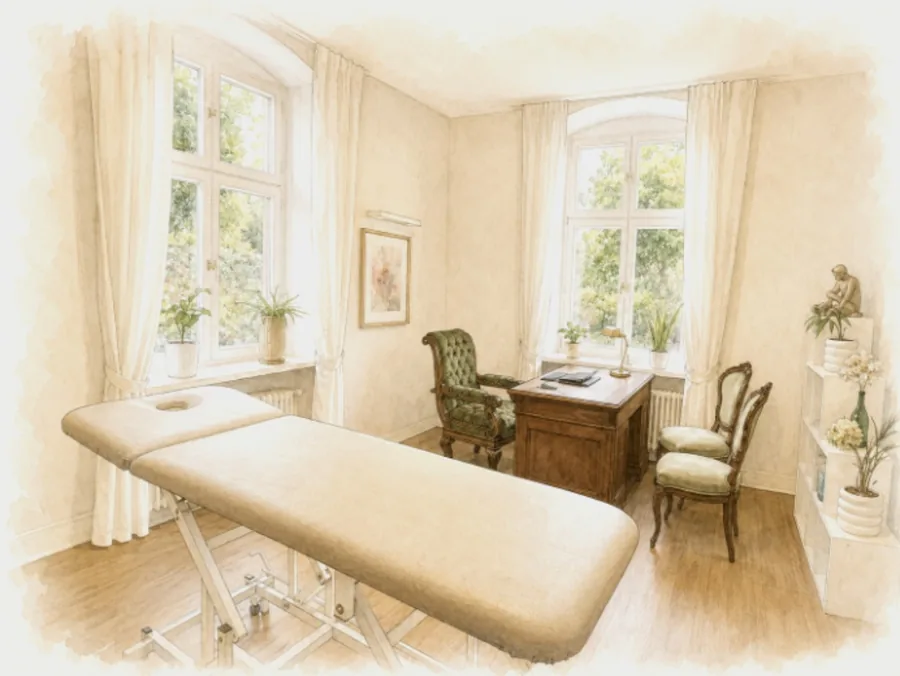 Illustration eines Behandlungsraums mit Liege und zwei hohen Fenstern