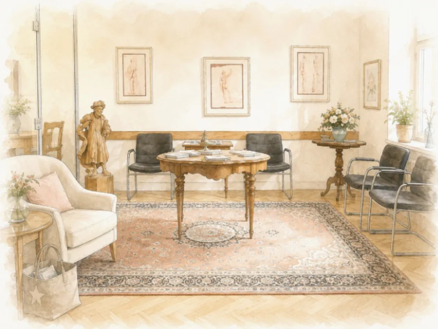 Illustration des Wartebereichs mit Sitzgruppe, Tisch und Teppich